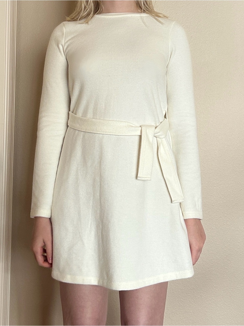 ASOS Cream Long Sleeve Belted Dress